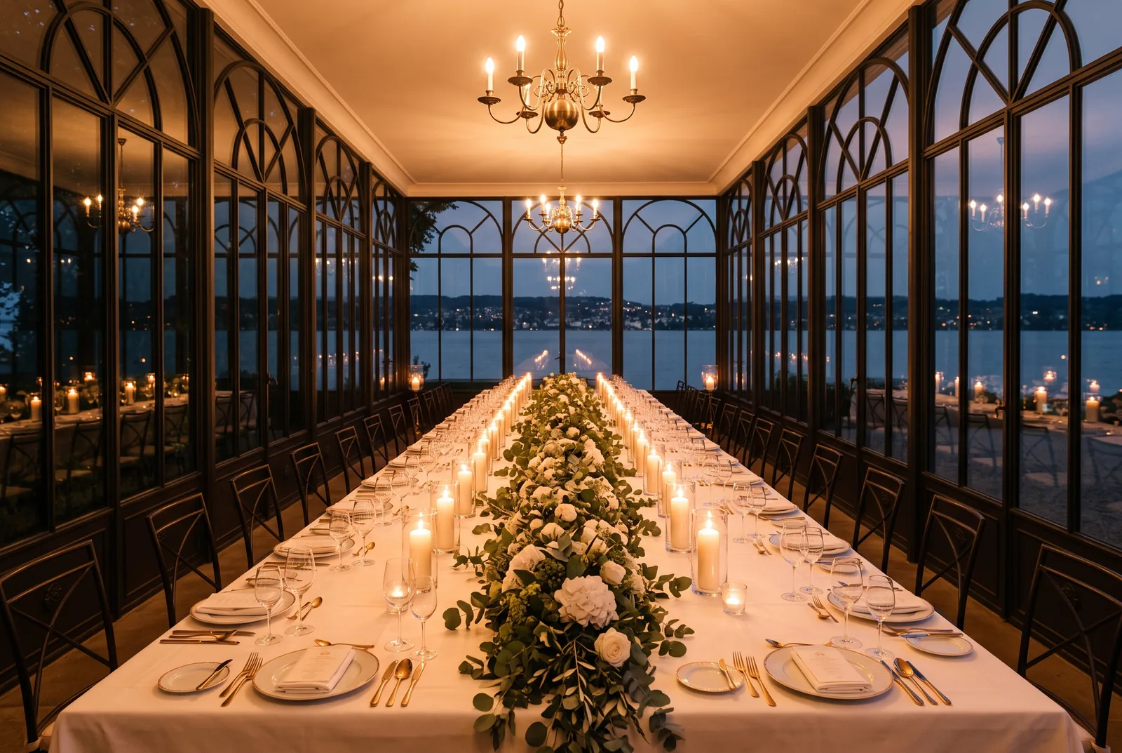 KI-Illustration eines Hochzeitsdinners in einer Glas-Orangerie am Bodensee bei Nacht
