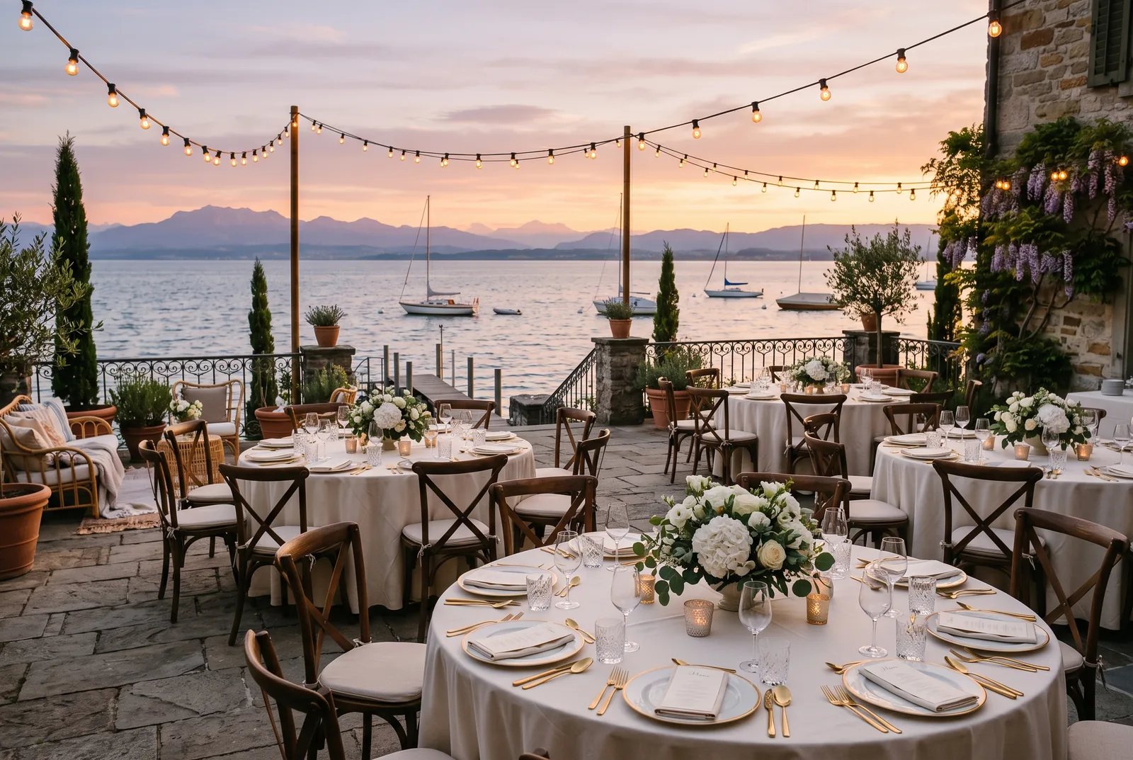 KI-Illustration einer festlich eingedeckten Seeterrasse am Bodensee im Abendlicht