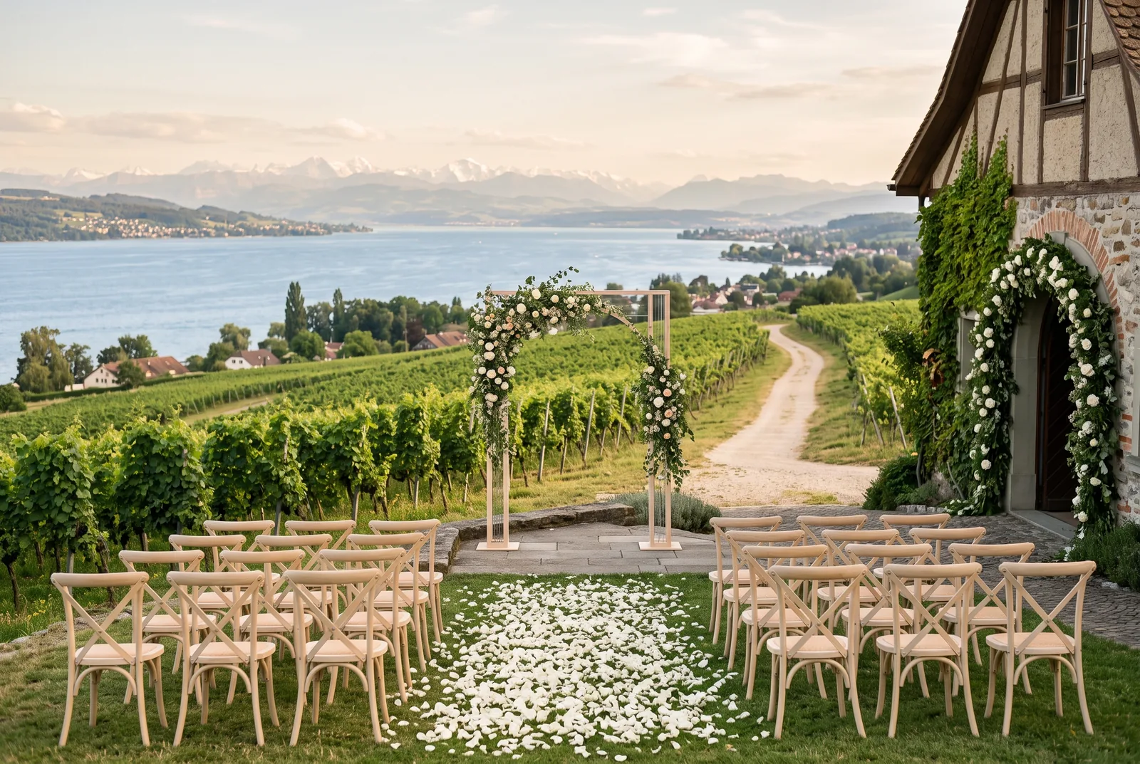 KI-Illustration einer freien Trauung im Weingut über dem Bodensee