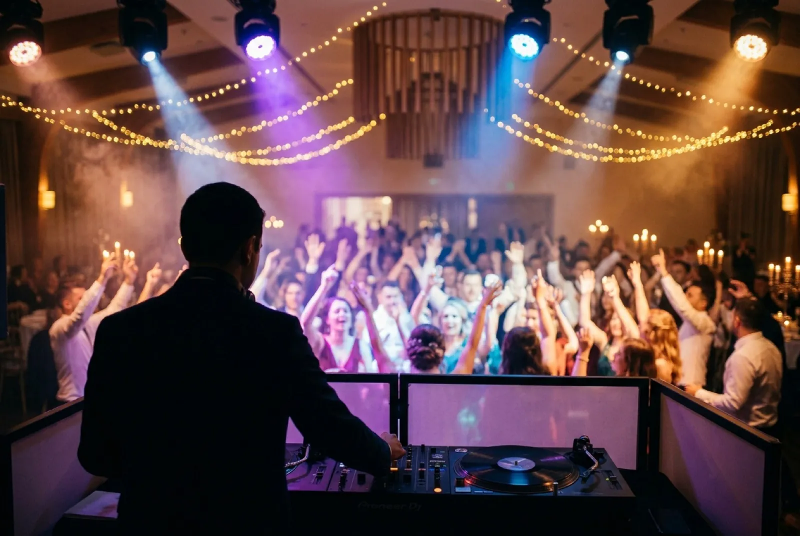 Blick vom DJ-Pult &uuml;ber die volle Tanzfl&auml;che, Moving-Lights &uuml;ber den K&ouml;pfen