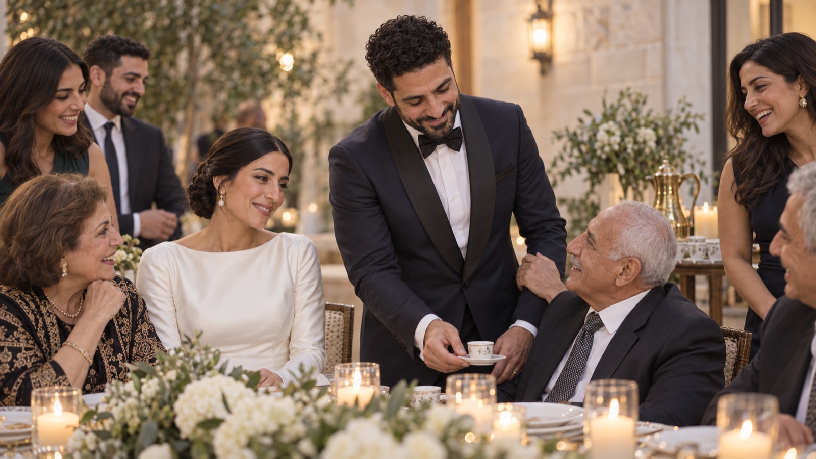Der Br&auml;utigam schenkt seinem Gro&szlig;vater am Tisch Kaffee ein, die Familie lacht
