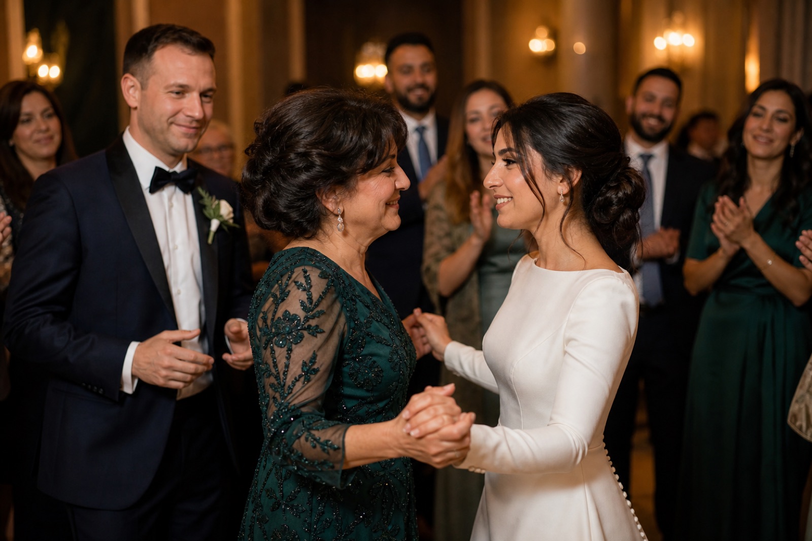 Braut tanzt mit ihrer Mutter auf einer arabischen Hochzeit – traditioneller und moderner Moment