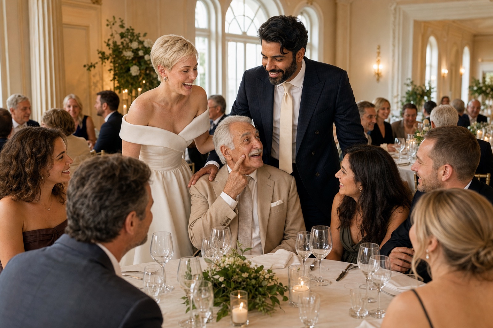 Brautpaar und Familie lachen bei einem Tischfoto w&auml;hrend einer Hochzeit in Hanau