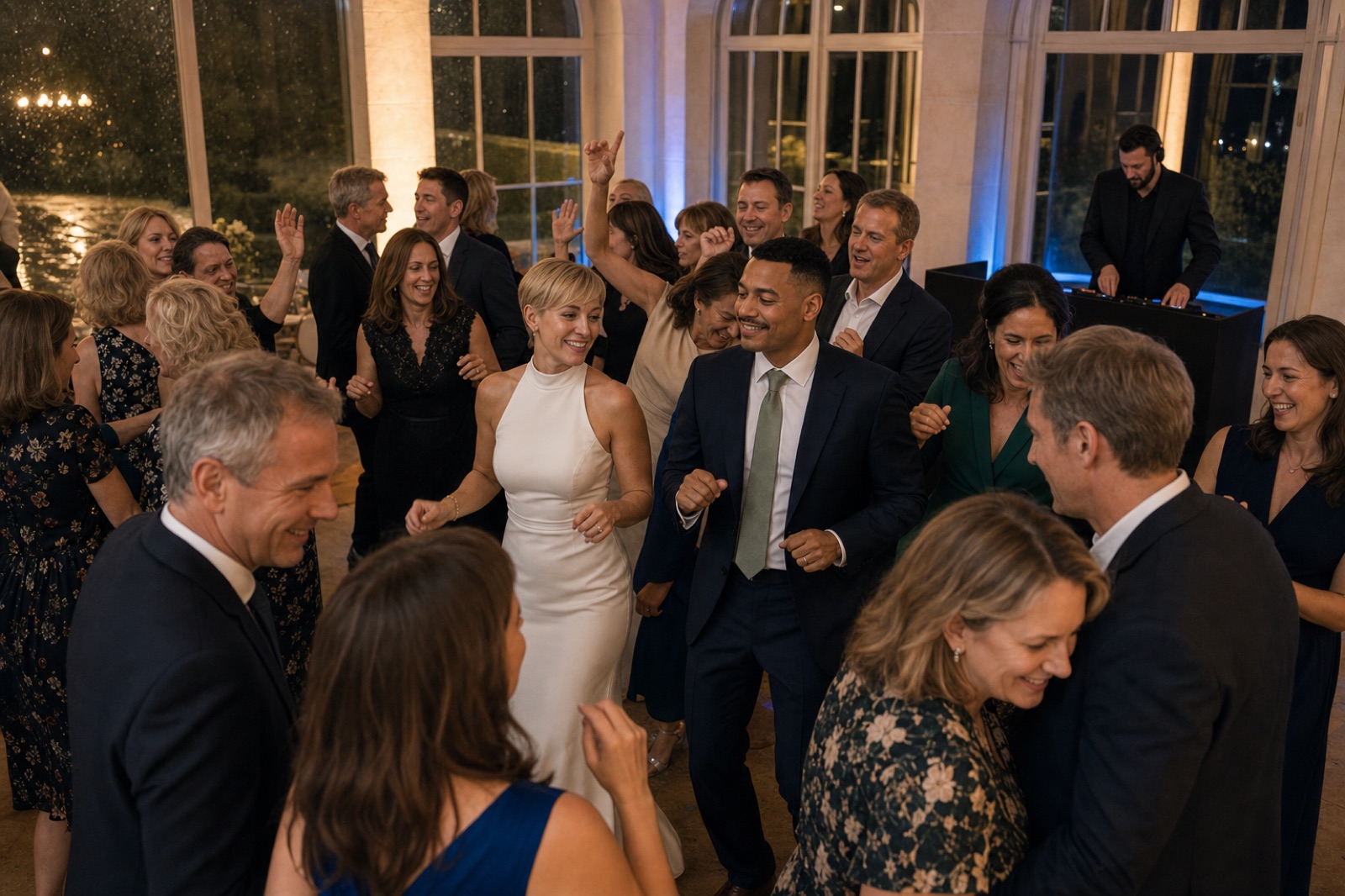 Volle Tanzfläche mit Hochzeits-DJ bei einer Regenhochzeit in NRW