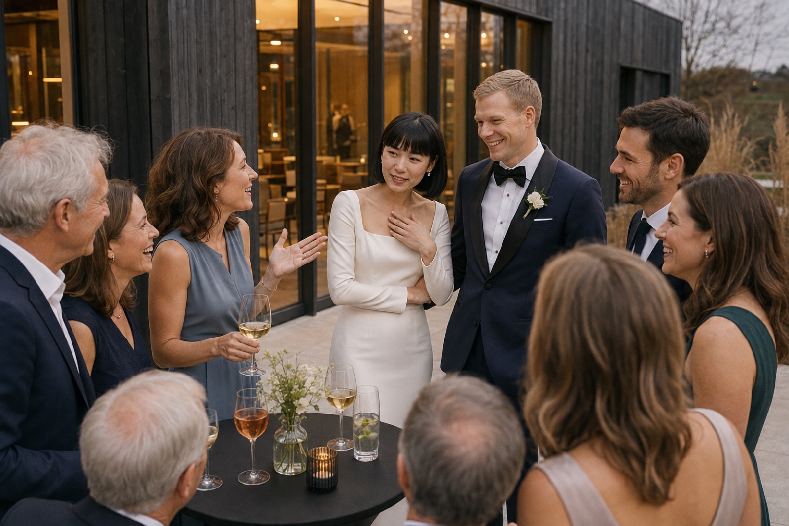 Brautpaar und Freunde lachen beim Hochzeitsempfang in Bottrop
