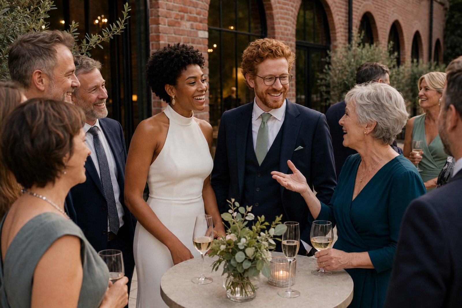 Brautpaar und G&auml;ste lachen beim Hochzeitsempfang in Dorsten