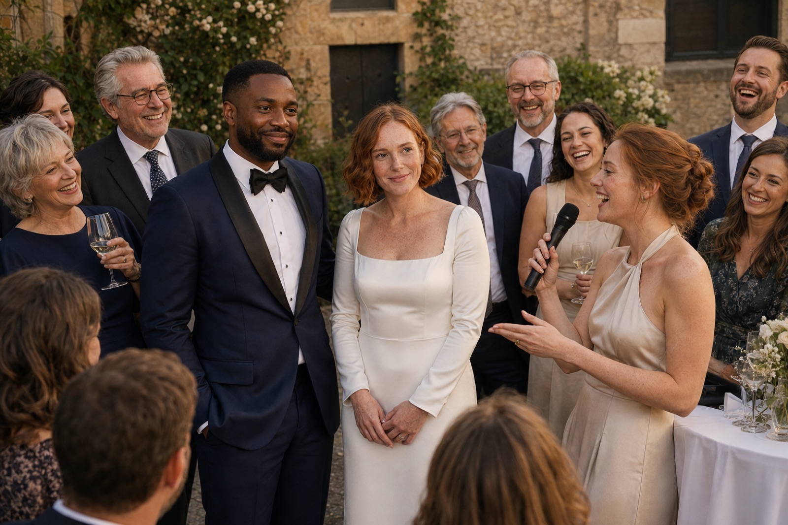 Brautpaar und G&auml;ste lachen bei einer Hochzeit mit Live-Musik in D&uuml;sseldorf