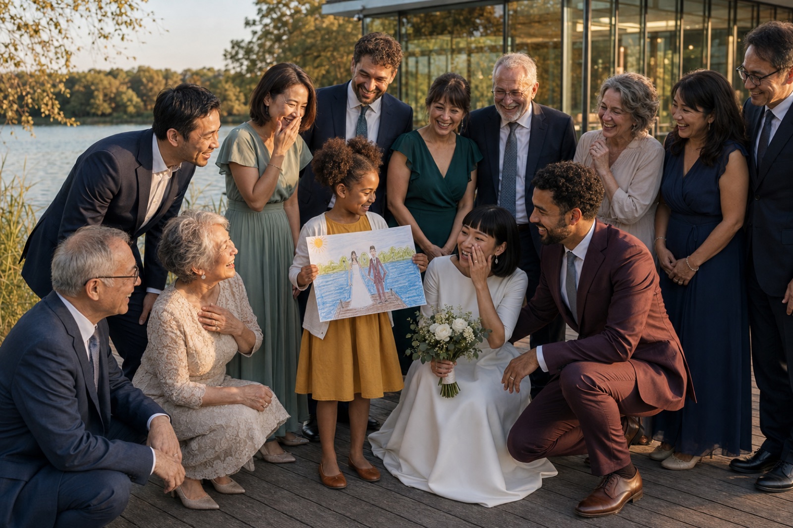 Familie lacht &uuml;ber die Zeichnung eines Kindes bei einer Hochzeit in D&uuml;sseldorf
