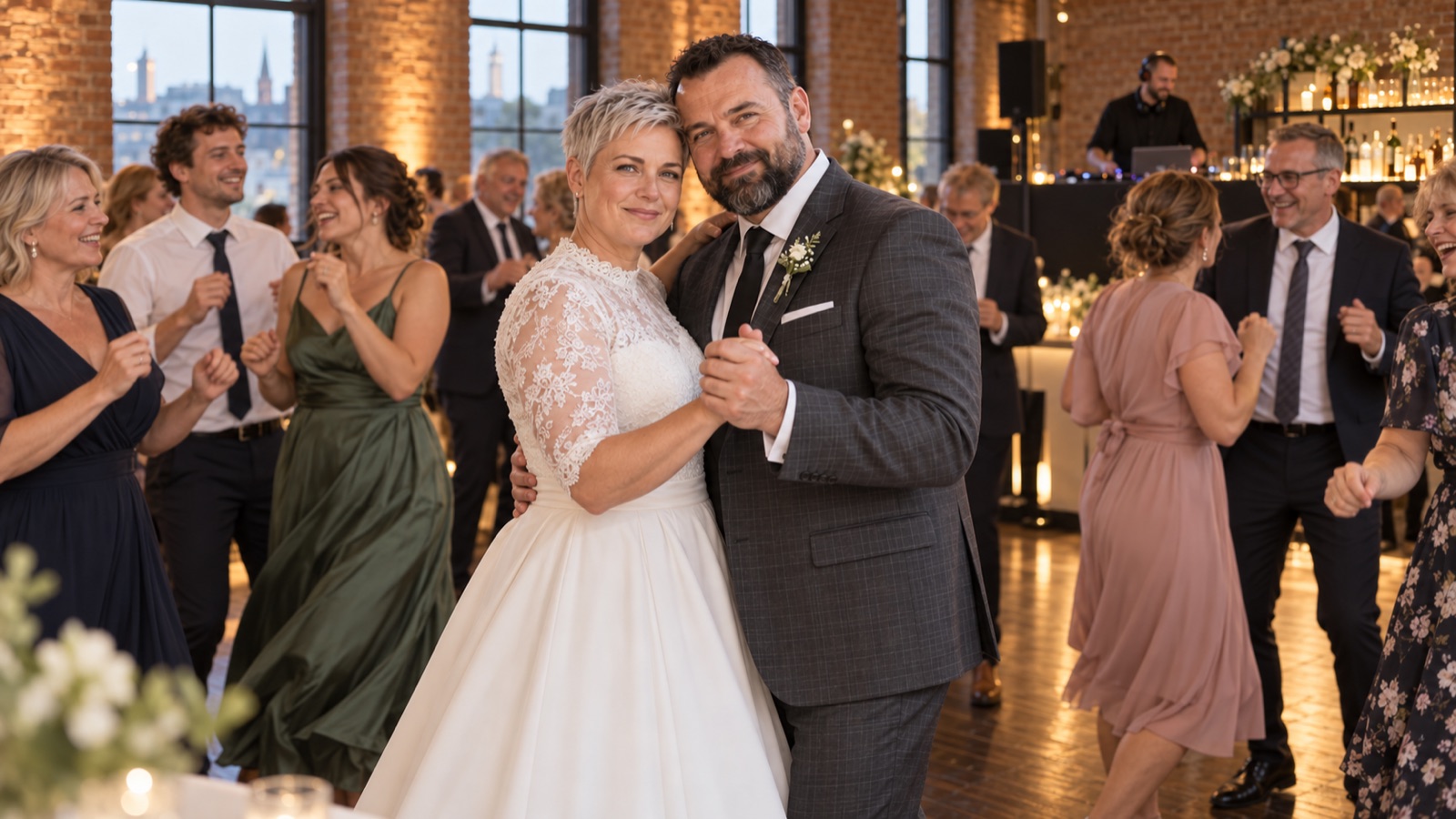 Belebte Hochzeitstanzfl&auml;che in Essen mit dem Brautpaar und DJ im Hintergrund