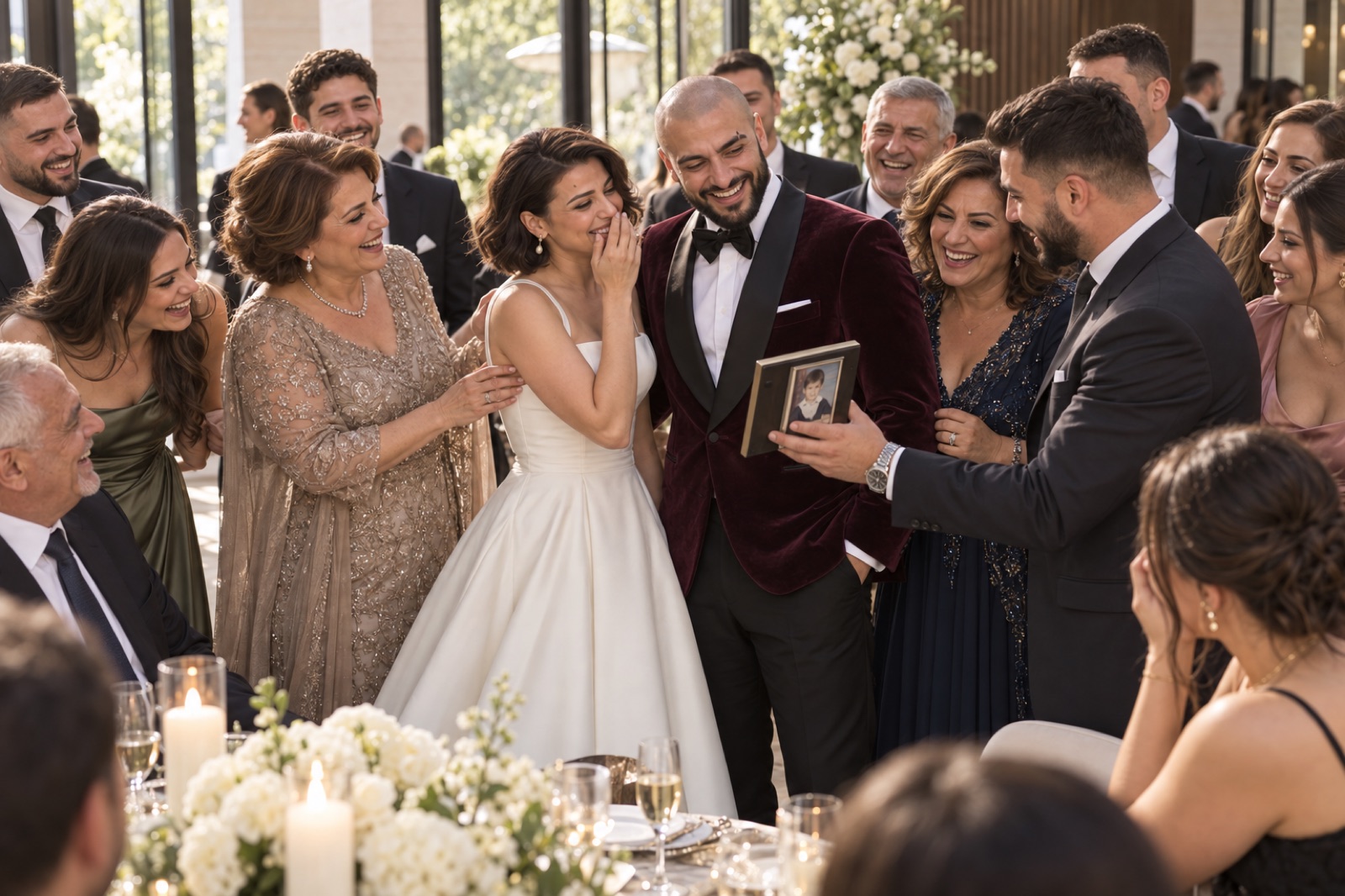 Brautpaar und Familie lachen bei einer bosnischen Hochzeit in Neuss