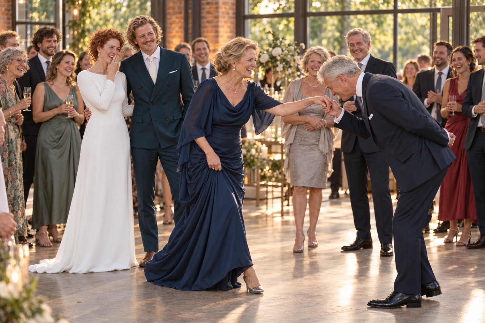 Eltern und Brautpaar lachen beim Partybeginn einer Hochzeit in M&uuml;nster