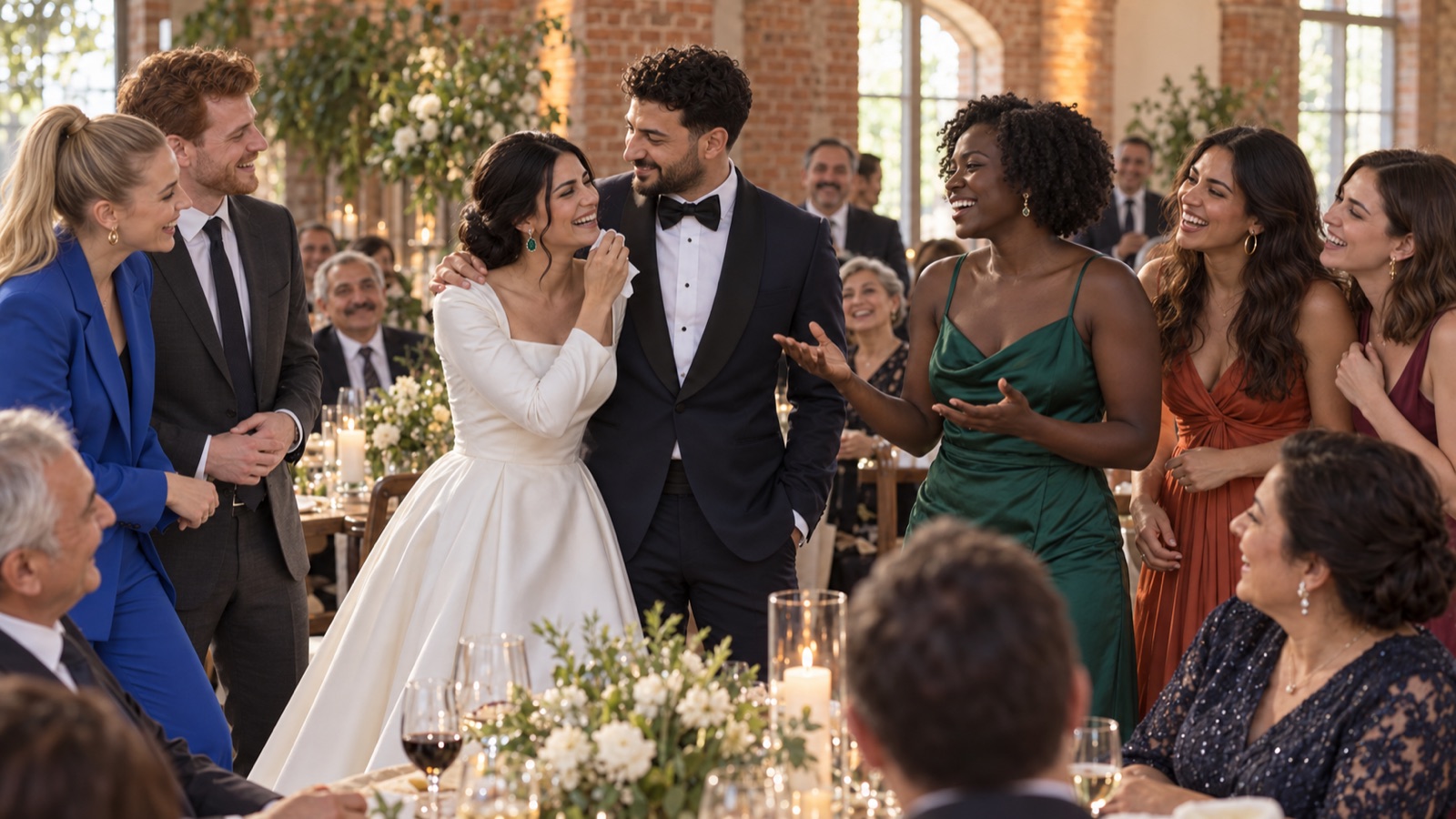 Multikulturelle Freunde lachen mit dem Brautpaar bei einer t&uuml;rkischen Hochzeit im M&uuml;nsterland