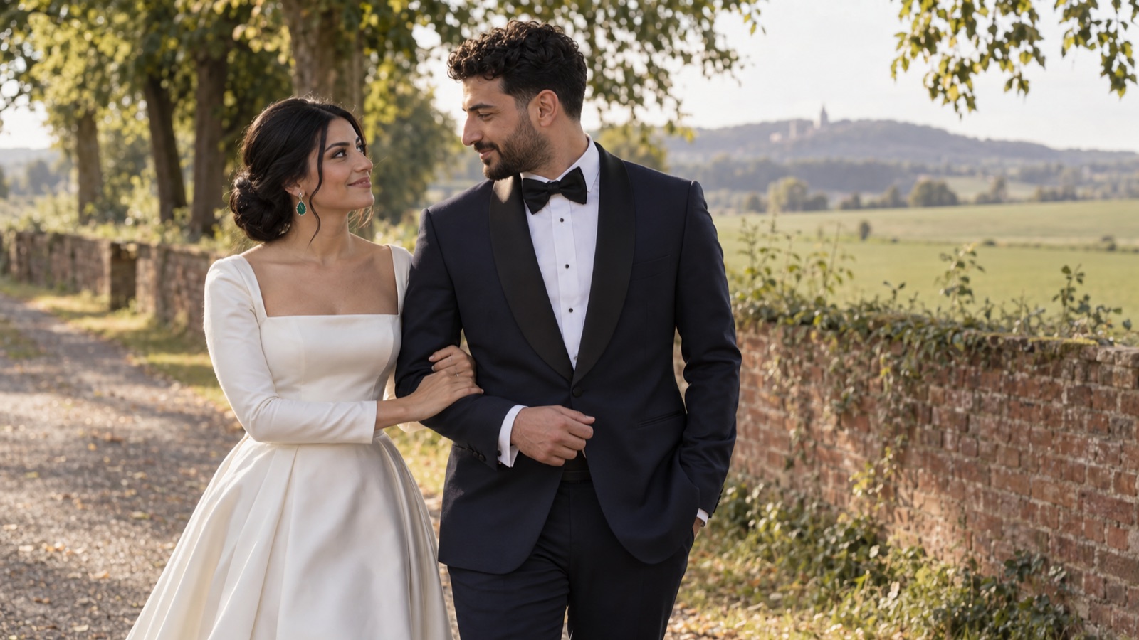 Brautpaar beim Hochzeitsportrait am Rand der Baumberge im M&uuml;nsterland