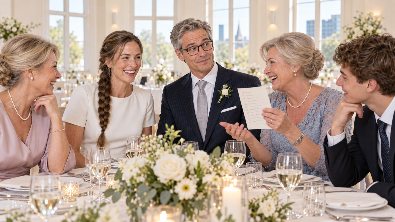 Das Brautpaar und seine Familie lachen &uuml;ber die gemeinsame Liedauswahl