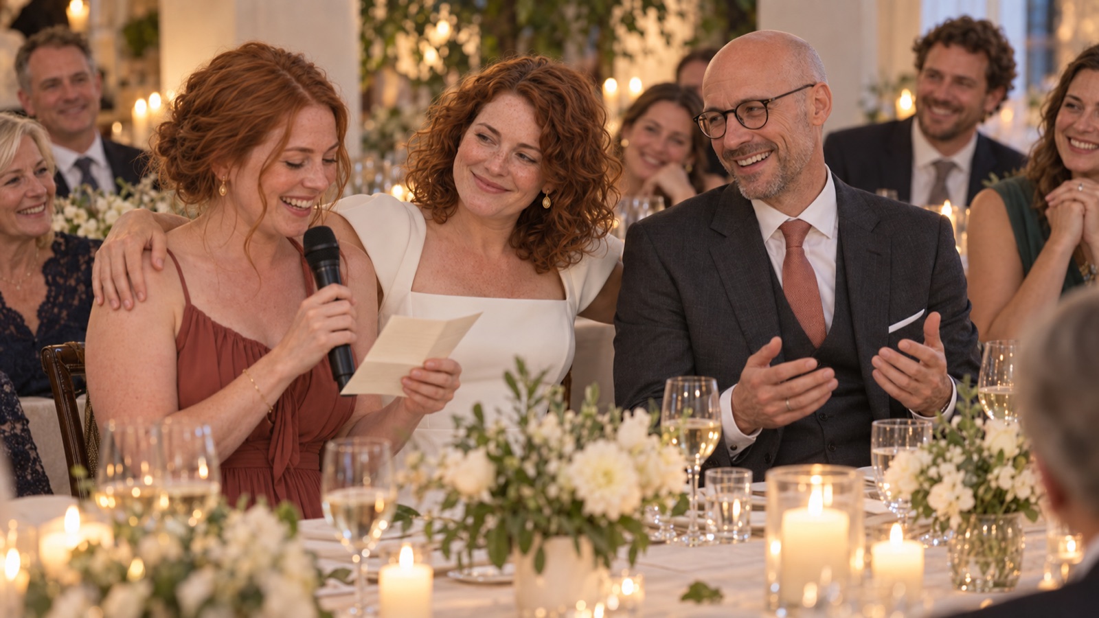 Braut und Schwester lachen nach einer stockenden Rede am Tisch