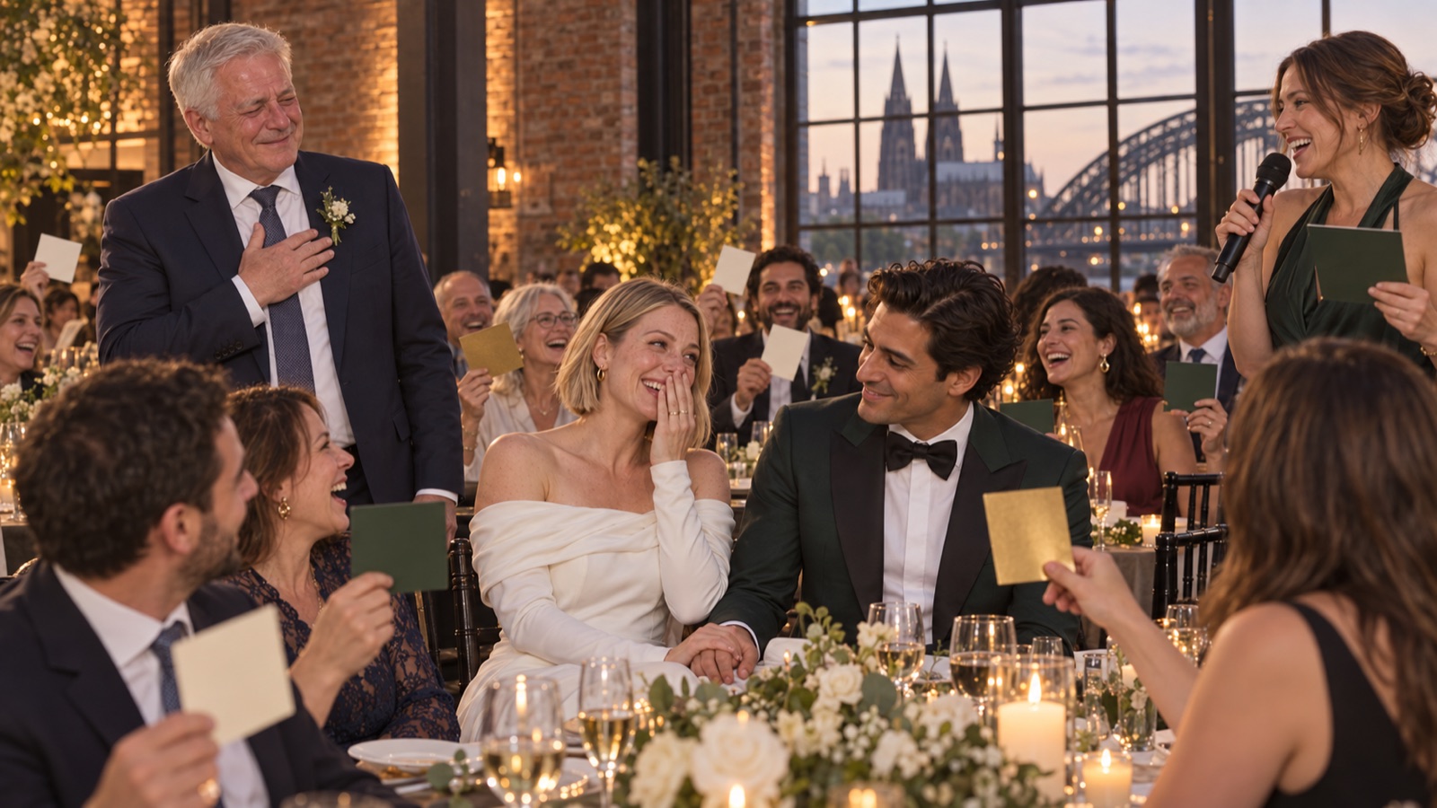 G&auml;ste halten Farbkarten hoch beim Musikquiz einer Hochzeit in K&ouml;ln
