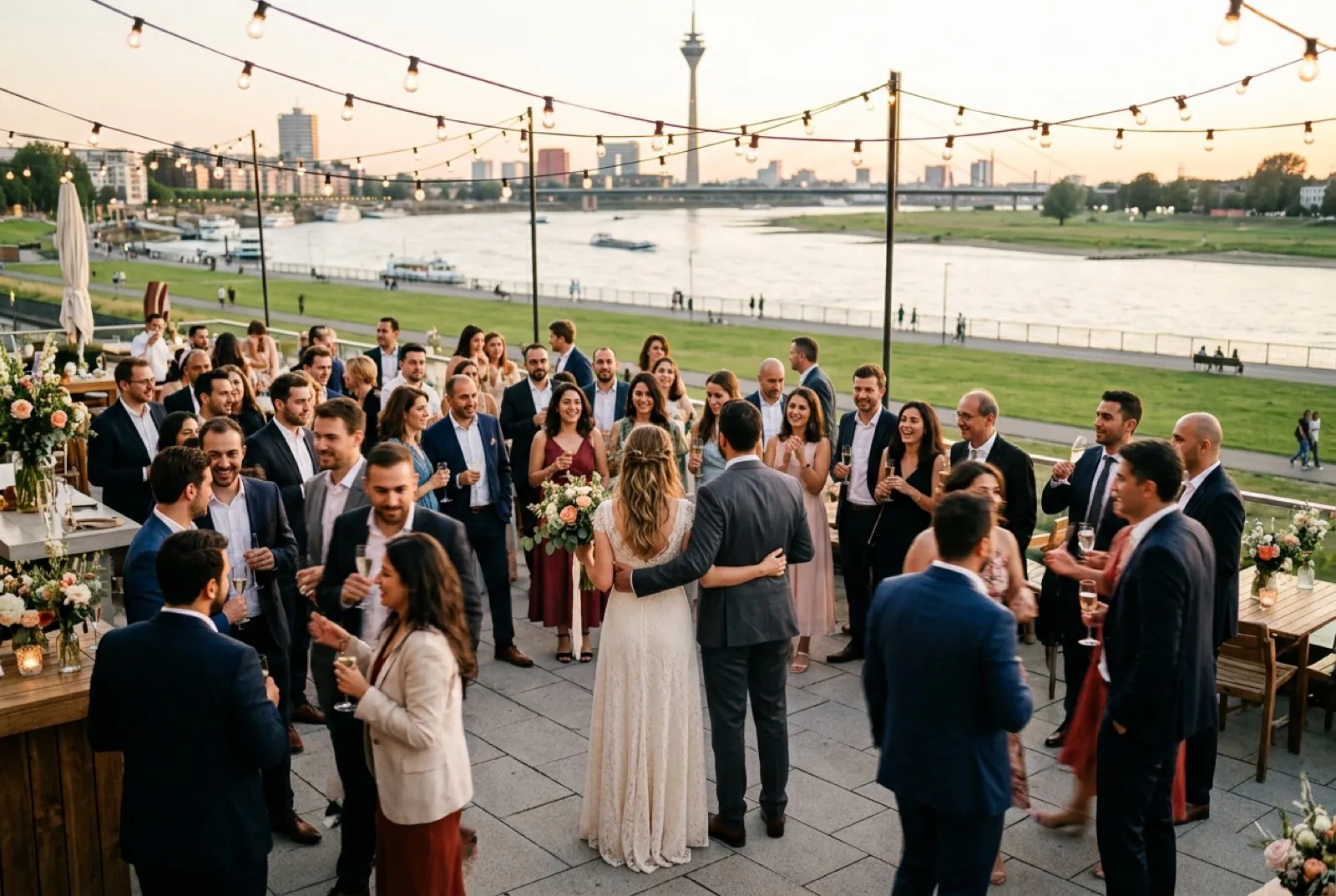 KI-generiertes Stimmungsbild: kleine türkische Hochzeit auf einer Rheinterrasse in Düsseldorf zur goldenen Stunde
