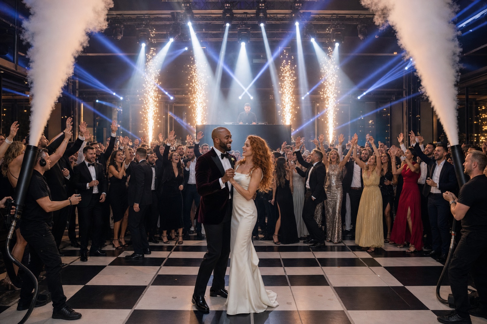 Hochzeitsparty in Düsseldorf mit CO₂-Guns und großer Lichtshow