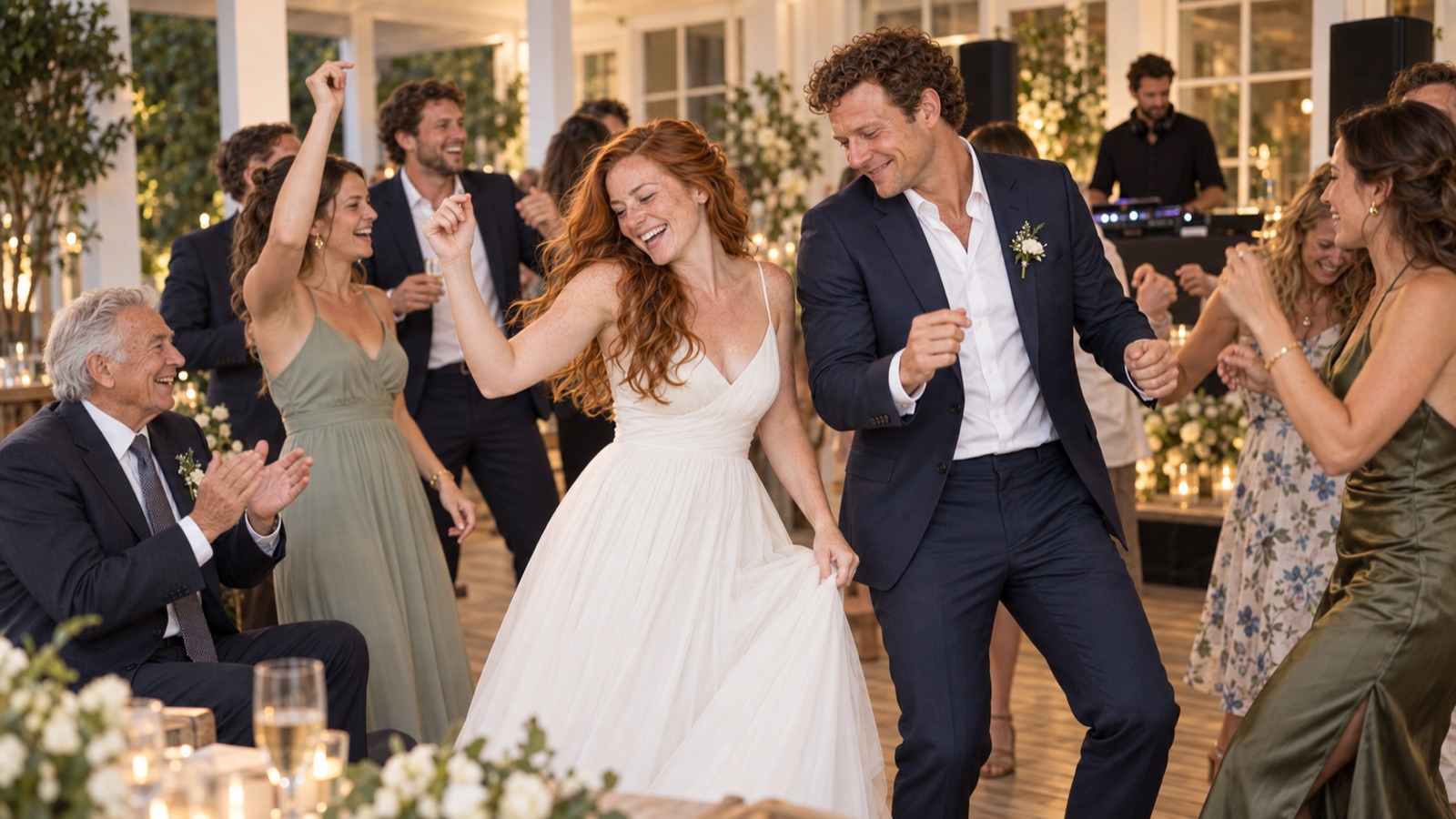 Sp&auml;tere Hochzeitsparty im Gartenhaus mit Brautpaar, G&auml;sten und DJ