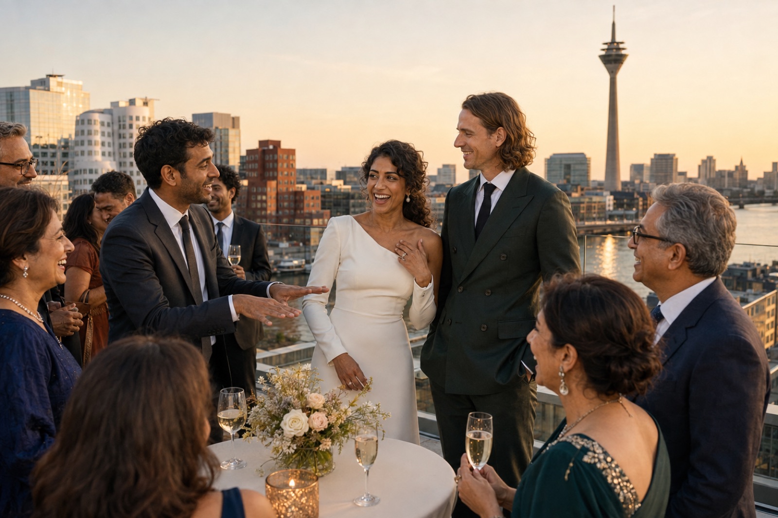 Brautpaar und G&auml;ste lachen beim Rooftop-Empfang in D&uuml;sseldorf