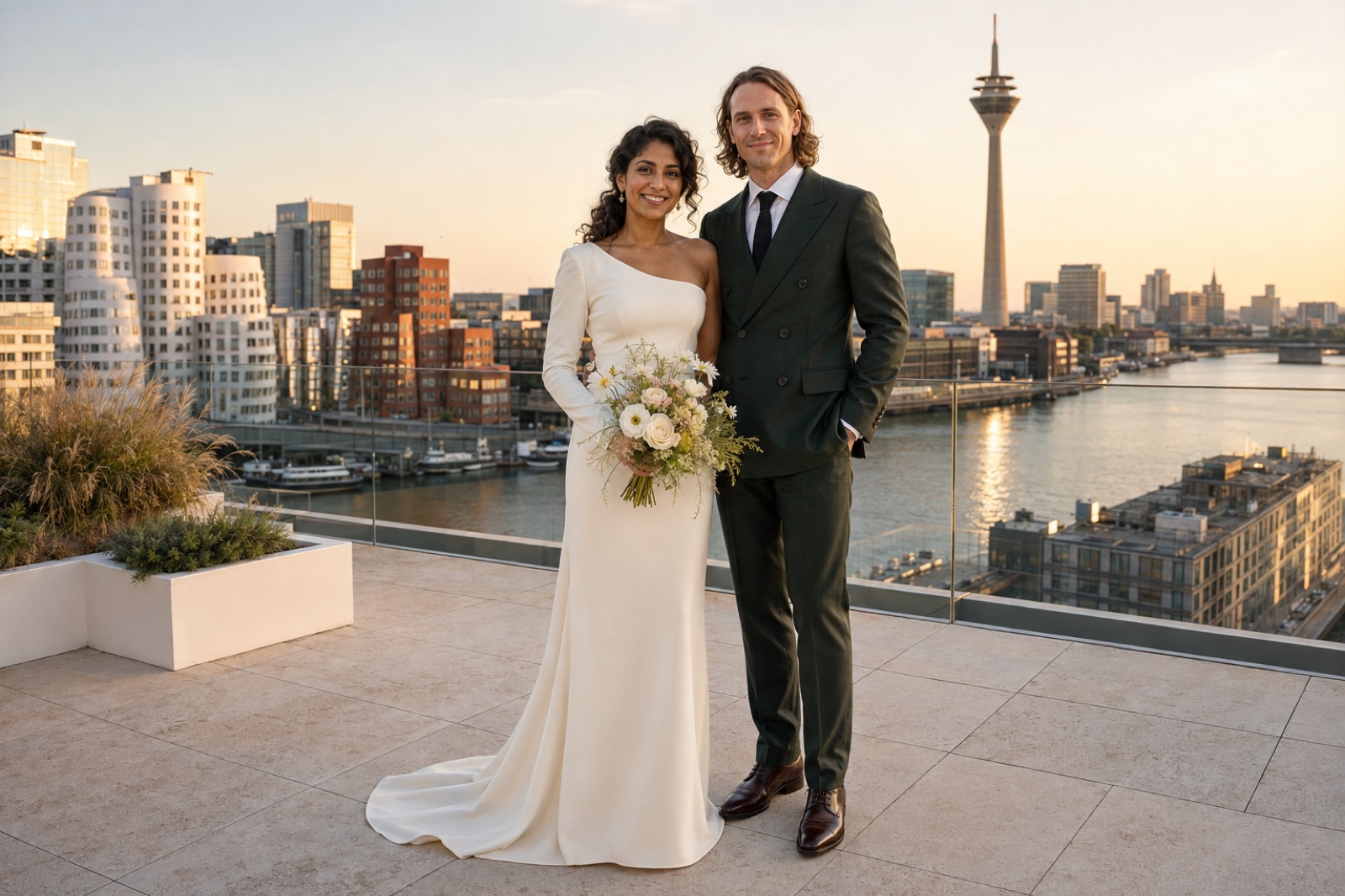 Brautpaar bei einer Rooftop-Hochzeit im D&uuml;sseldorfer MedienHafen