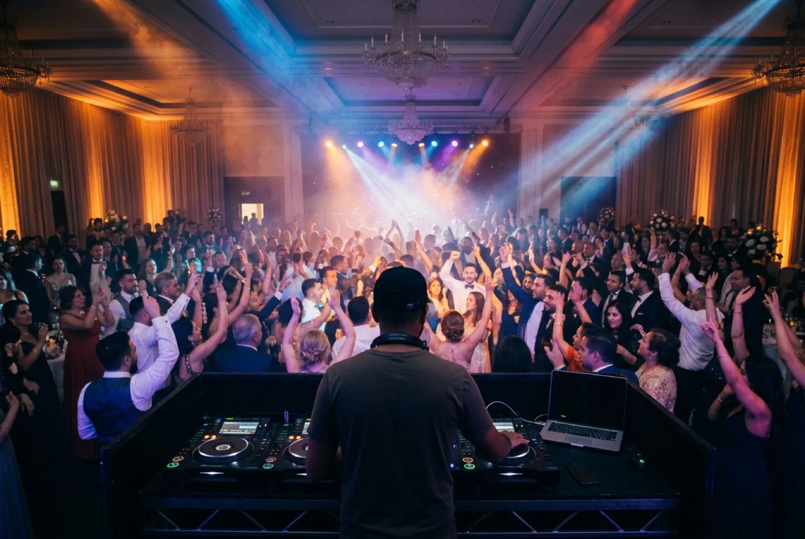 Blick vom DJ-Pult &uuml;ber die gro&szlig;e, jubelnde Menge im Royal Dream Essen bei Nacht