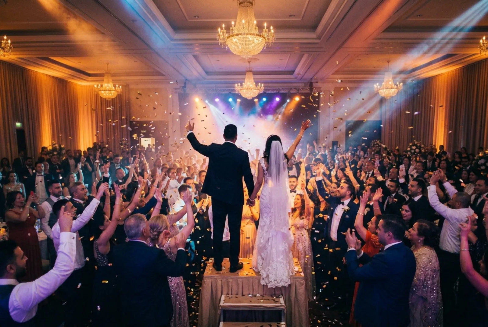 Euphorisches Finale im Royal Dream Essen: die ganze Menge mit erhobenen Armen, Konfetti, das Brautpaar in der Mitte