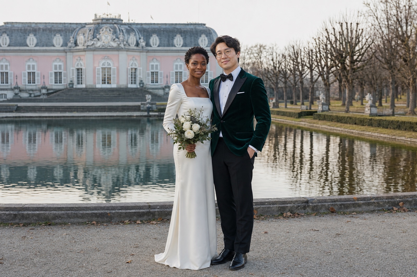 Brautpaar bei einer Winterhochzeit im Schlosspark Benrath in D&uuml;sseldorf