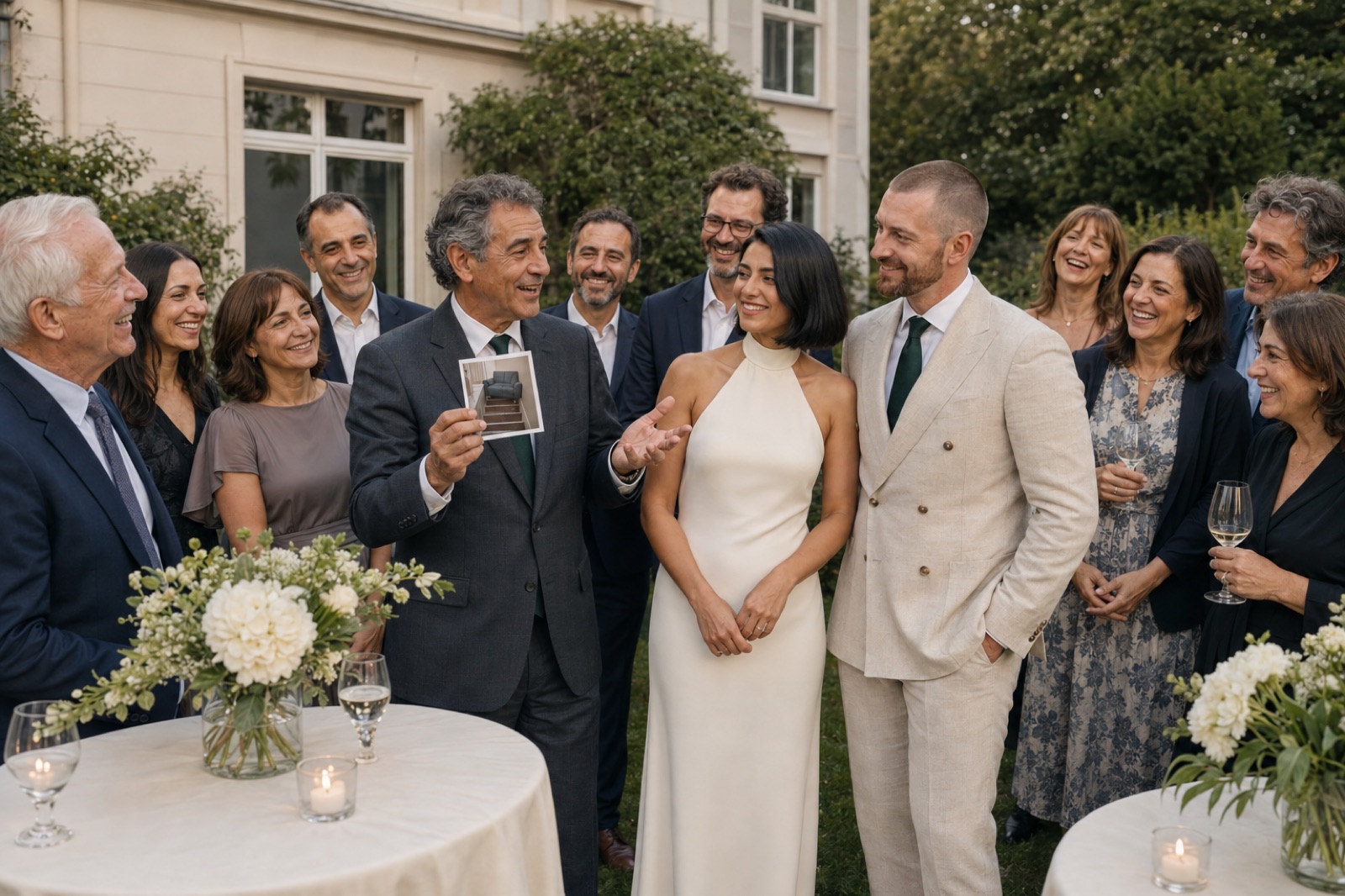 Deutsche und franz&ouml;sische Hochzeitsg&auml;ste lachen bei einer Rede in Oberkassel