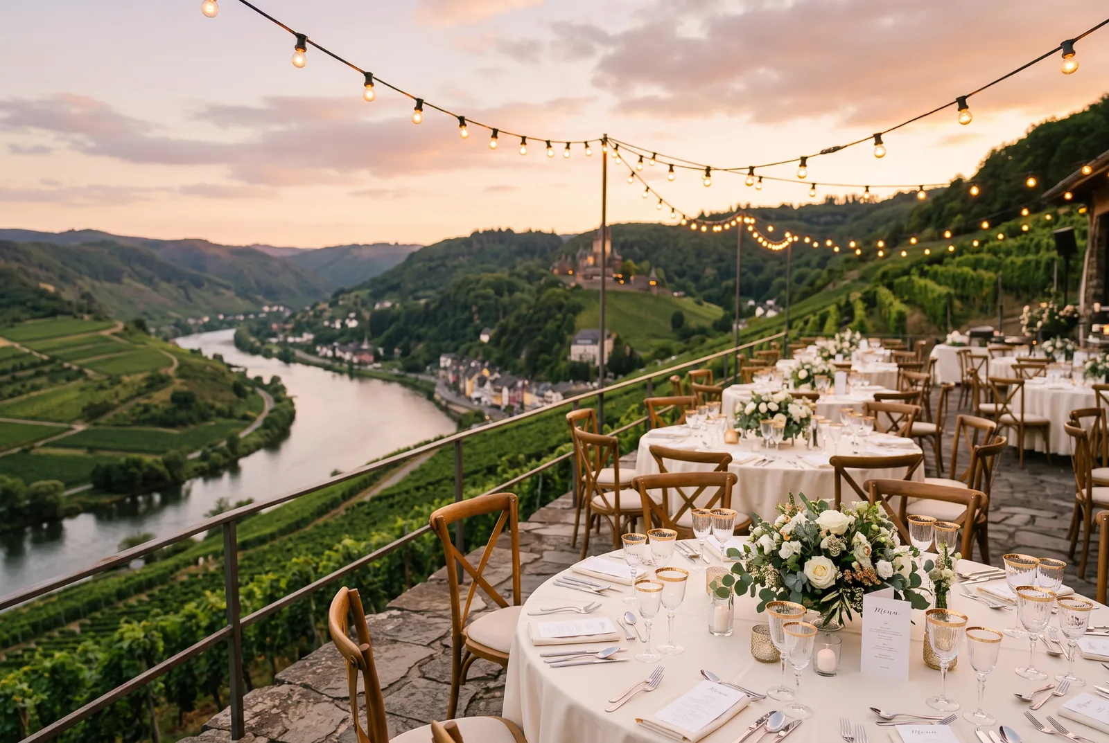 KI-Illustration einer festlich eingedeckten Terrasse über einer Moselschleife in den Steillagen