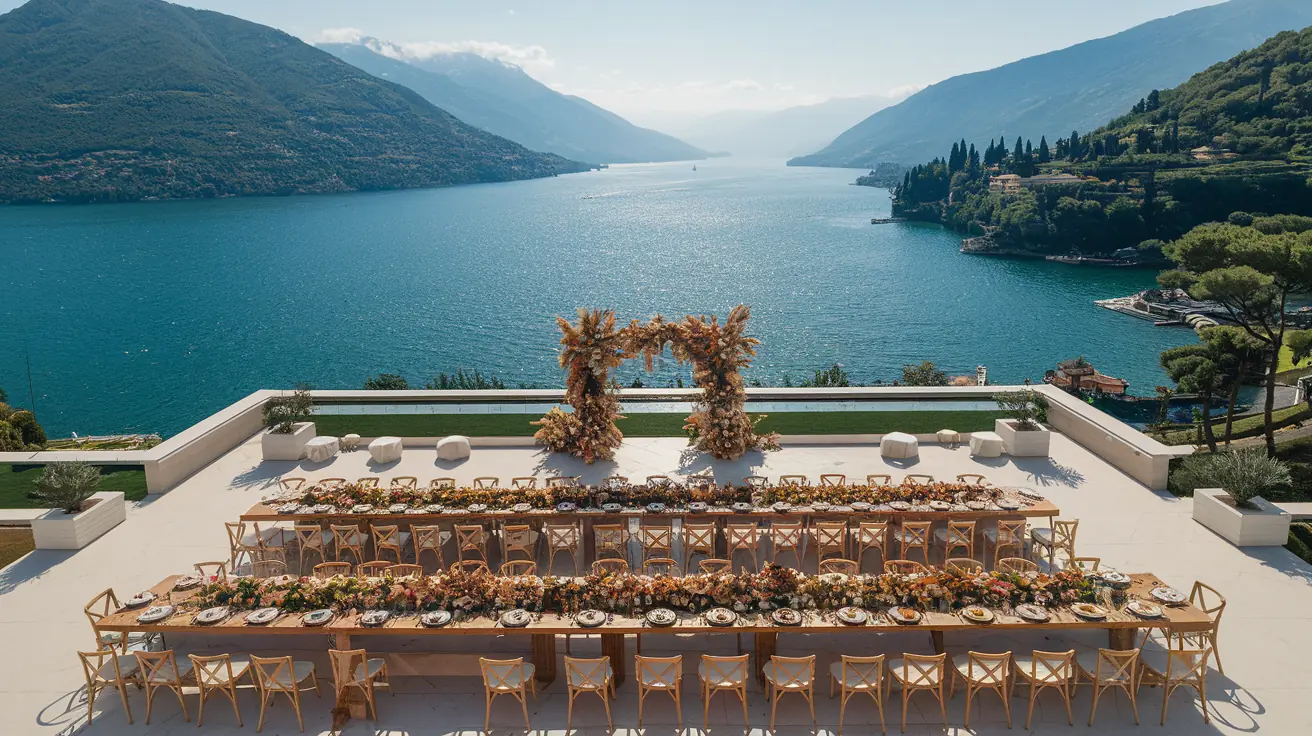 Gedeckte Festtafel mit Traubogen und Blick auf den See
